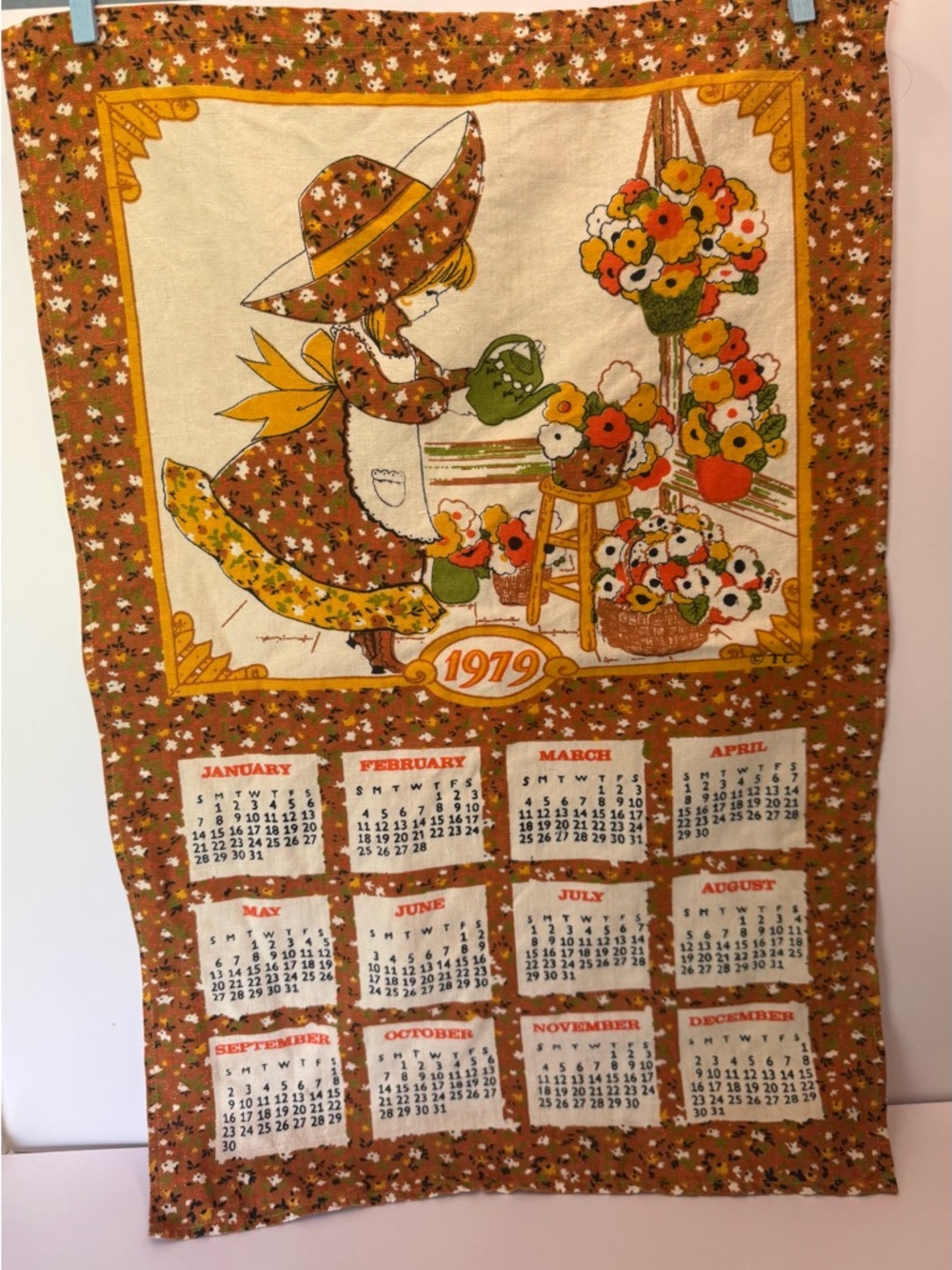 Vintage 1979 Floral Girl Calendar Wall Hanging Retro Mid-century Kitchen